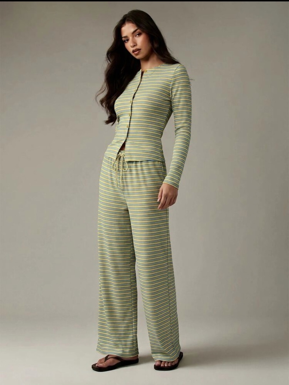 Missguided Green and Cream Striped Long-Sleeve Lounge Set